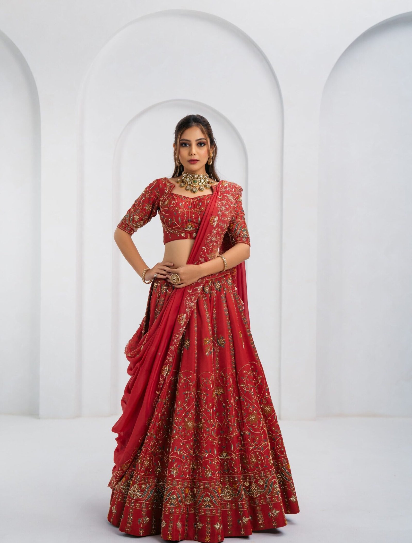 Screen Print & Hand-Embroidered Sunehri Lehenga Choli With Dupatta